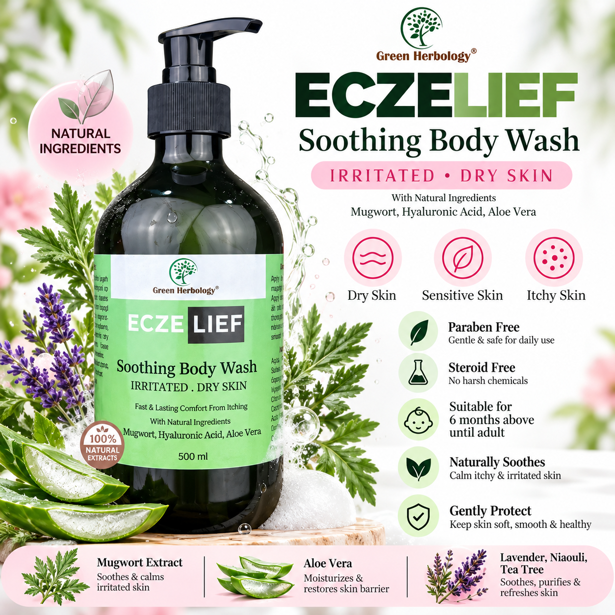 ECZELIEF Herbal Soothing & Moisturizing Body Wash 500ml | Dry & Sensitive Skin