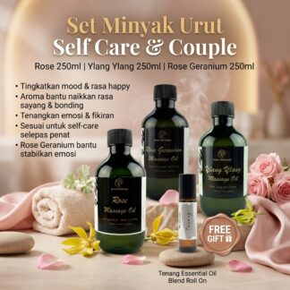 Set Minyak Urut Self-Care & Couple (Ylang Ylang + Rose + Rose Geranium | 3 x 250ml Classic) + FREE Tenang Essential Oil Blend ROLL ON 10ml